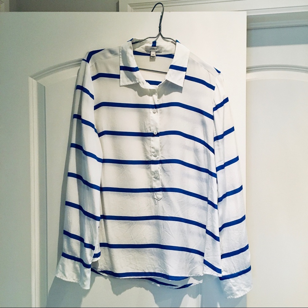 ❤️J Crew 100% Silk Blouse Blue + White Stripe 8